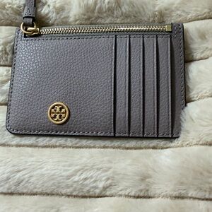 Tory Burch Taupe Leather Card Holder with Gold Accent